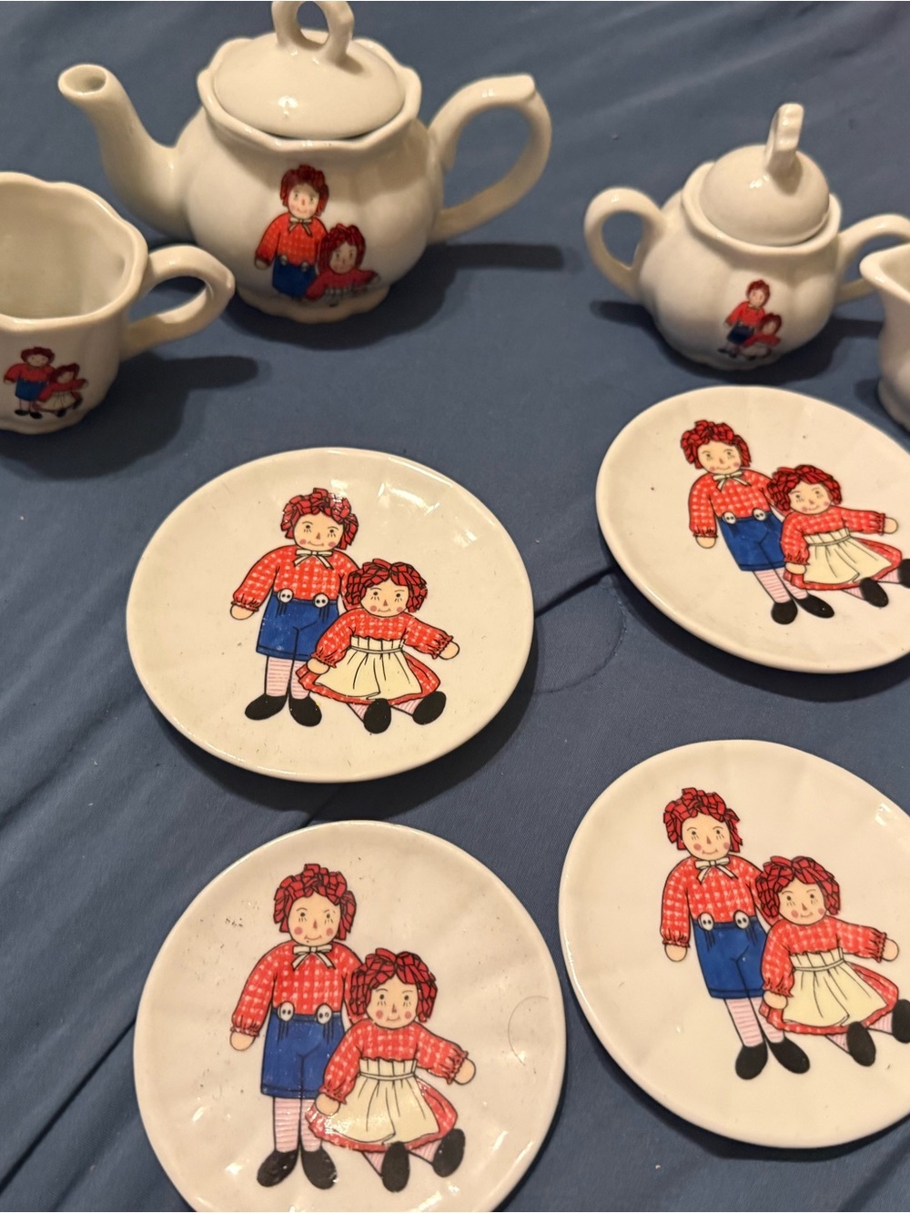 Vintage White Ceramic Doll Tea Set - Red and Blue Accents